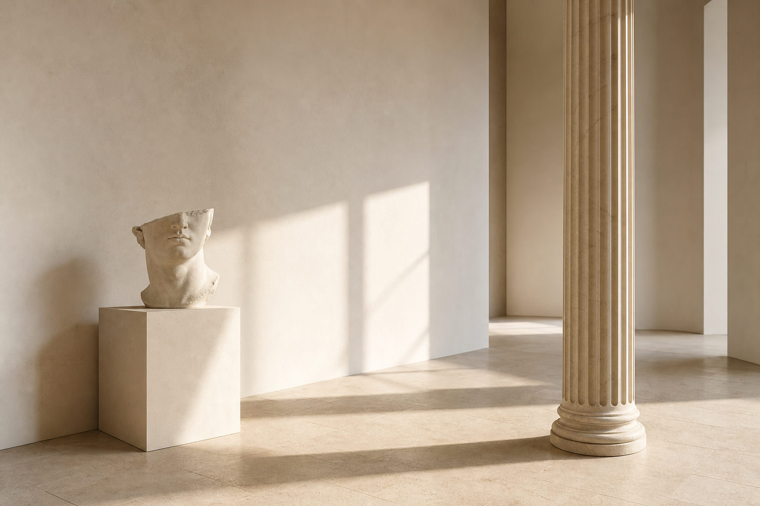 The studio at dusk — marble dust, linen, long shadows